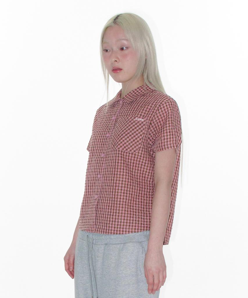 AMES-WORLDWIDE Wrinkled Check Short Sleeve Shirts Pink