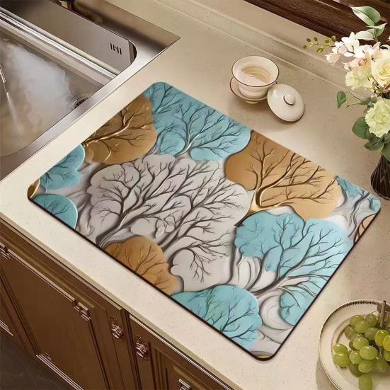 Floral Dish Drying Mat Absorbent Kitchen Drying Mat Reusable Washable Dish Drying Pad Non-slip Dish Rack Mats for Kitchen Counter
