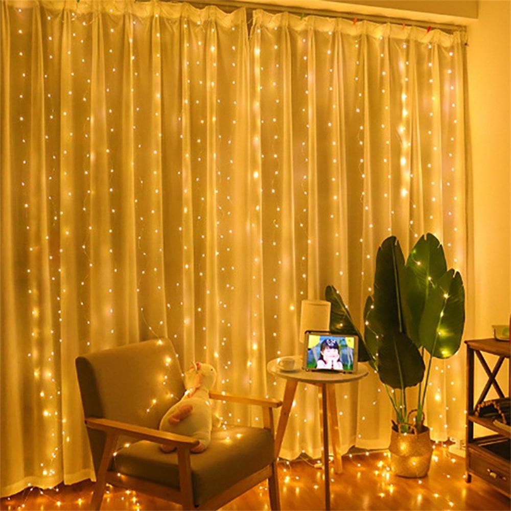 USB 8 Function With Hook LED Copper Wire Curtain Light 3x3M Decorative Lights