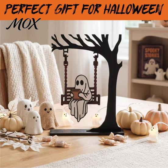 Sturdy Reusable Holiday Decoration Halloween Ghost On A Swing Reading Figurine, Spooky Wooden Centerpiece Decorative with Cup for Home Nook Bookshelf