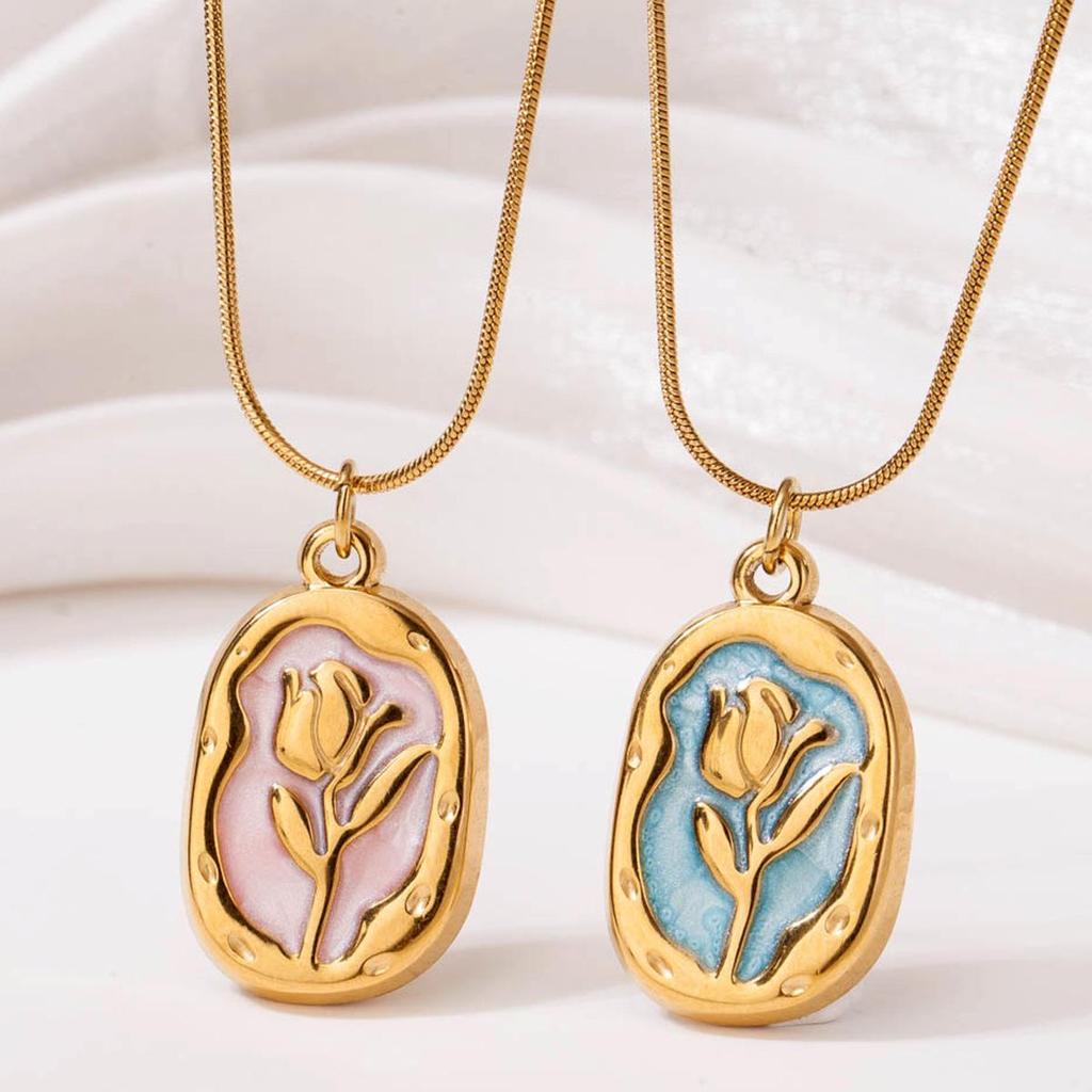 European Retro Tulip Pendant Necklace - Stainless Steel, Light Luxury French Style