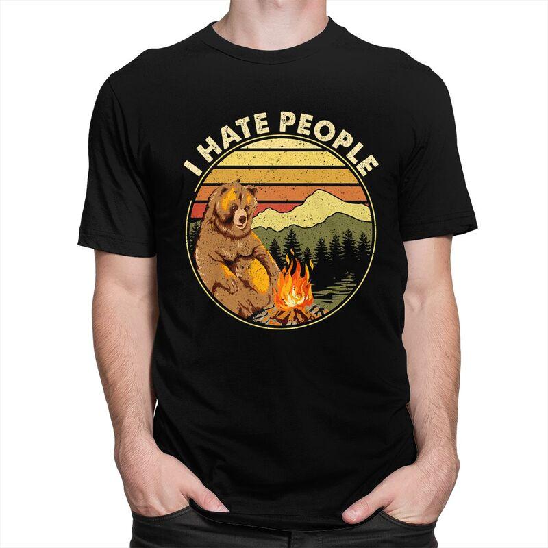 Custom Mens Bear Camping I Hate People T Shirts Short Sleeve Cotton Tshirts Casual Adventure Capmer Tees Loose Fit Clothing