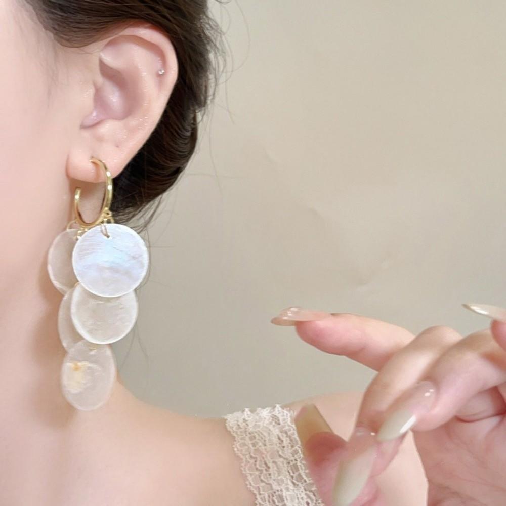 Petal Drop Tassel Earrings White/Gold Dangle Earrings Korean Shell Dangle Earrings Beach