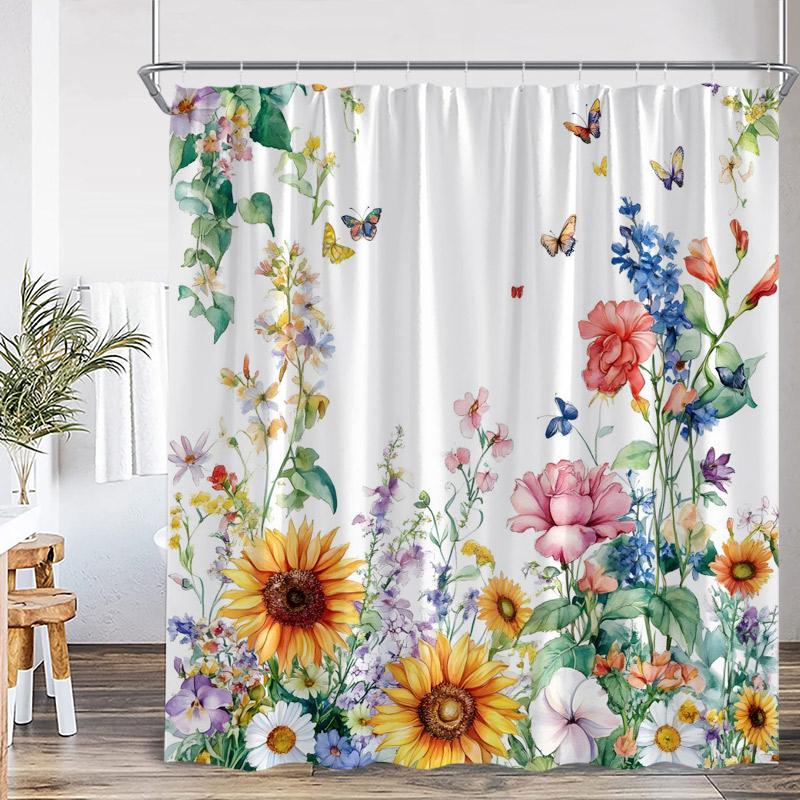 Tende da Doccia Floreali con Farfalle ad Acquerello Giallo Viola Fiore Pianta Verde Farfalla Minimalista Decorazione Bagno Tenda da Bagno