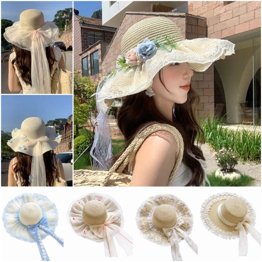 Flower Sun Hat Big Bowknot Wide Brim Hat Lolita Sun Protection Hat Sun Shading