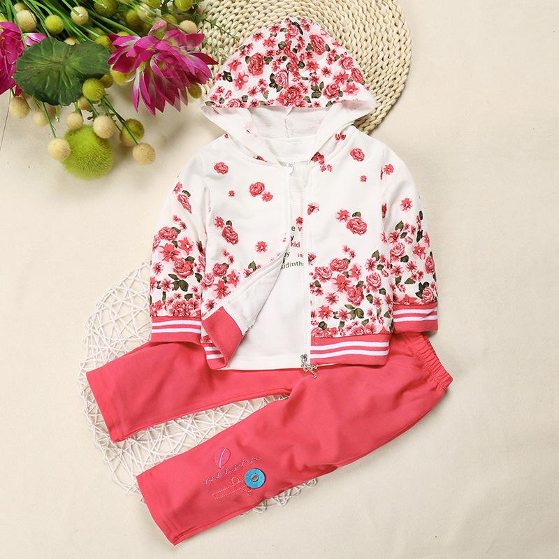 Peony Flower Infant Girl Spring/Autumn Long Sleeve Three-Piece Set: Jacket, T-shirt, Pants