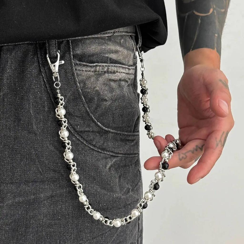 Ingemark Hip-Hop Műgyöngyös Farmer Kulcstartó Gyűrű Kapocs Férfi Divatos Kreatív Fém Kézzel Készített Gyöngy Derék Lánc Ékszer