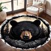 Realistic Black Bear & Pine Forest Round Rug, 2D Falt Indoor with Bear Paw Print Design for Cabin, Lodge, Living Room -washable