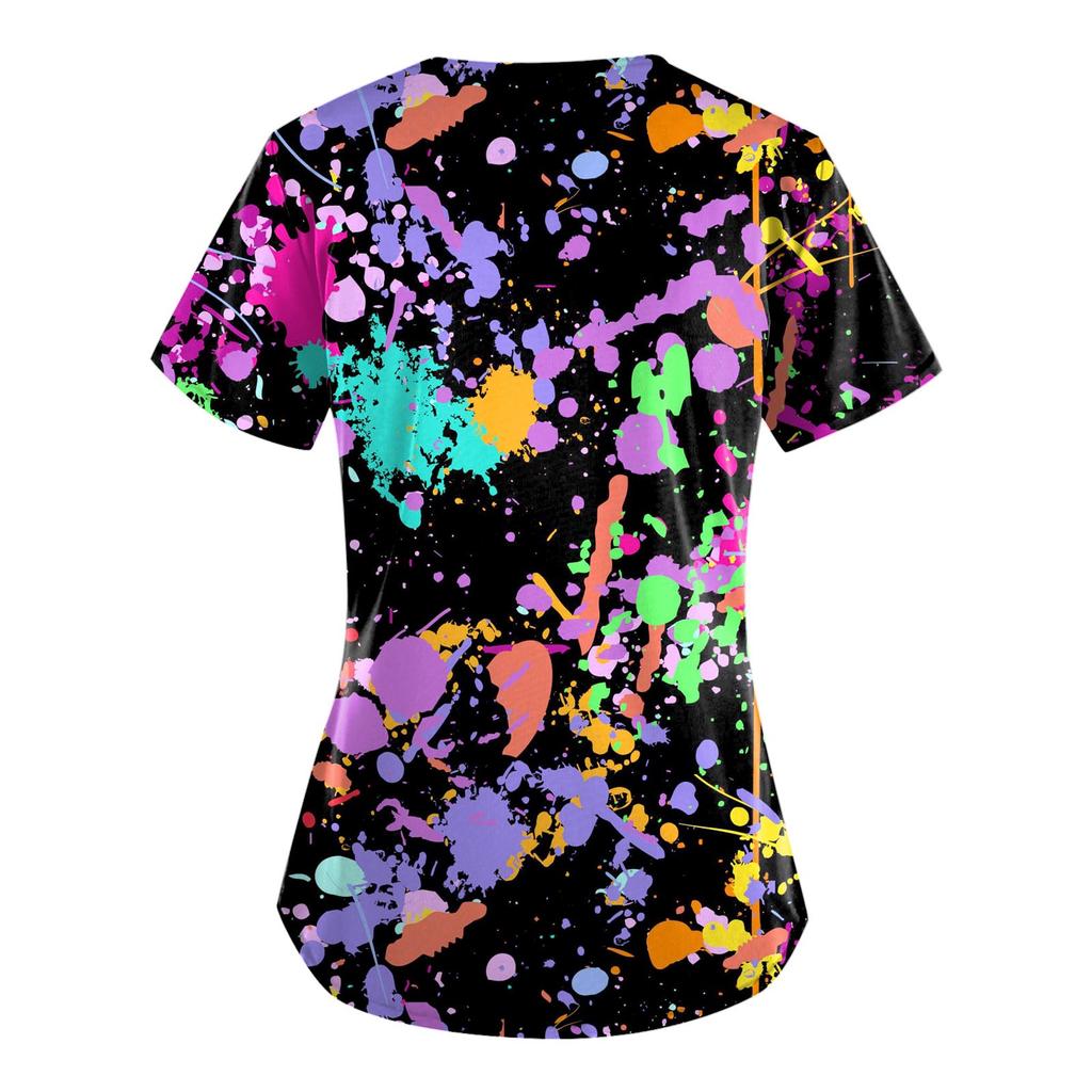 Uniforme de lucru cu imprimeu de mărime mare Topuri pentru femei, cu decolteu în V, mâneci scurte, tricouri distractive, haine de lucru, tricou cu buzunare