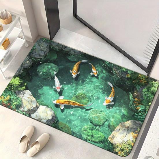 3D Optical Illusion Rug Realistic Fish Pond Area Rug Washable Goldfish Pond Doormat Non-Slip Floor Mat for Kids Playroom Living Room Bedroom Entrance