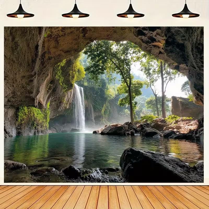 2D-Wandteppich mit natürlichem Bogen-Wasserfall-Motiv, Wald- und Seemotiv, Hintergrundstoff für das Wohnzimmer