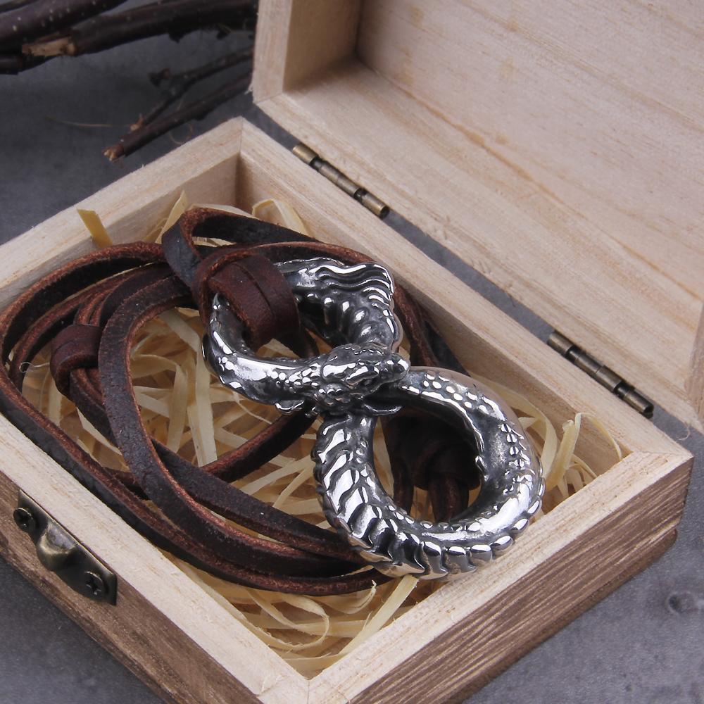 Never Fade Norse Ouroboros Dragon Snake Pendant Necklace with Wooden Gift Box