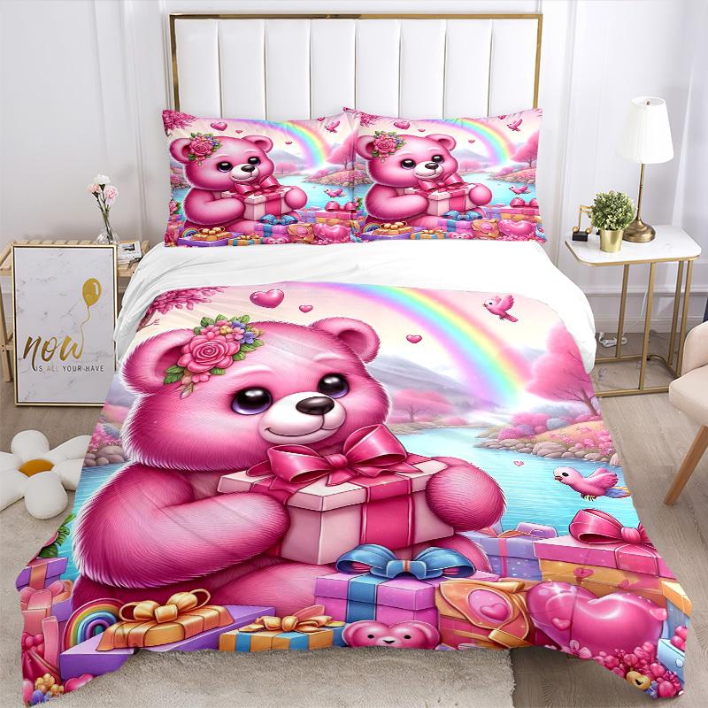 3-teiliges rosa Teddybär-Bettwäsche-Set - Enthält einen Bettbezug und zwei Kissenbezüge (Kein Kern) - Heimdekoration, Festivalgeschenk, Polyesterstoff, Ani