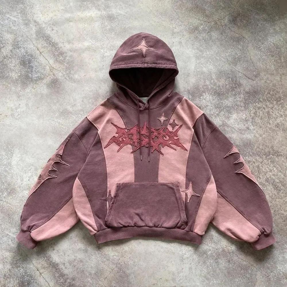RogueWave Divat Streetwear Vintage Fekete Csillag Patchwork Kapucnis Pulóver Túlméretezett Hímzett Pulóver Gótikus Y2k Férfi Női Ruházat