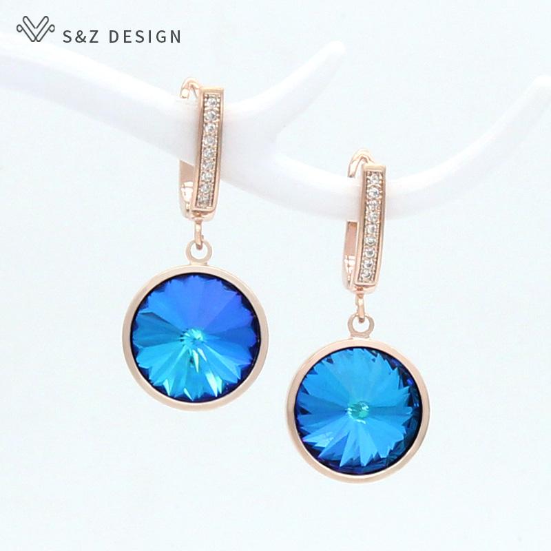 Korean Luxury Elegant Colorful Round Crystal Drop Earrings Rose Gold Color For Women Wedding Fashion Jewelry