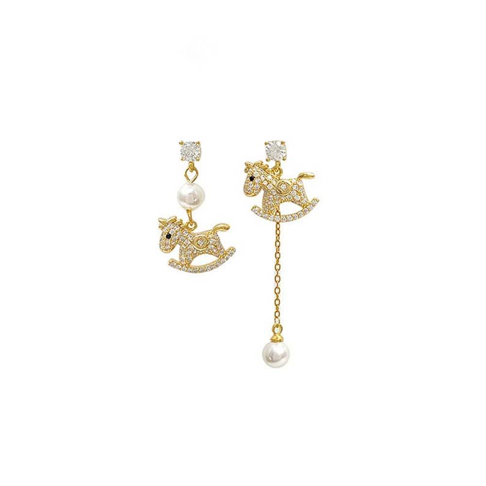 Cartoon Horse New Year Horse Earrings Pearl Chinese Style Gold Pony Earrings Zircon Elegant Horse Mascot Drop Earrings
