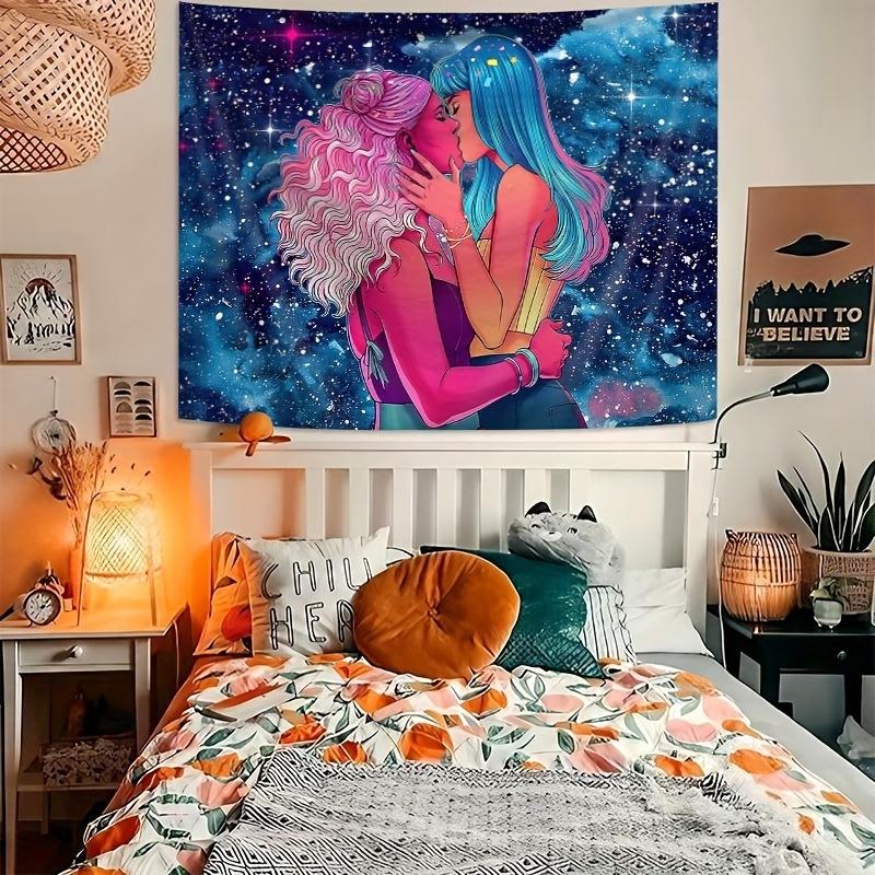 VIKAMA Fantasy Galaxy Lovers Tapestry Colorful Kiss Art Wall Hanging for Bedroom Living Room Boho Decor