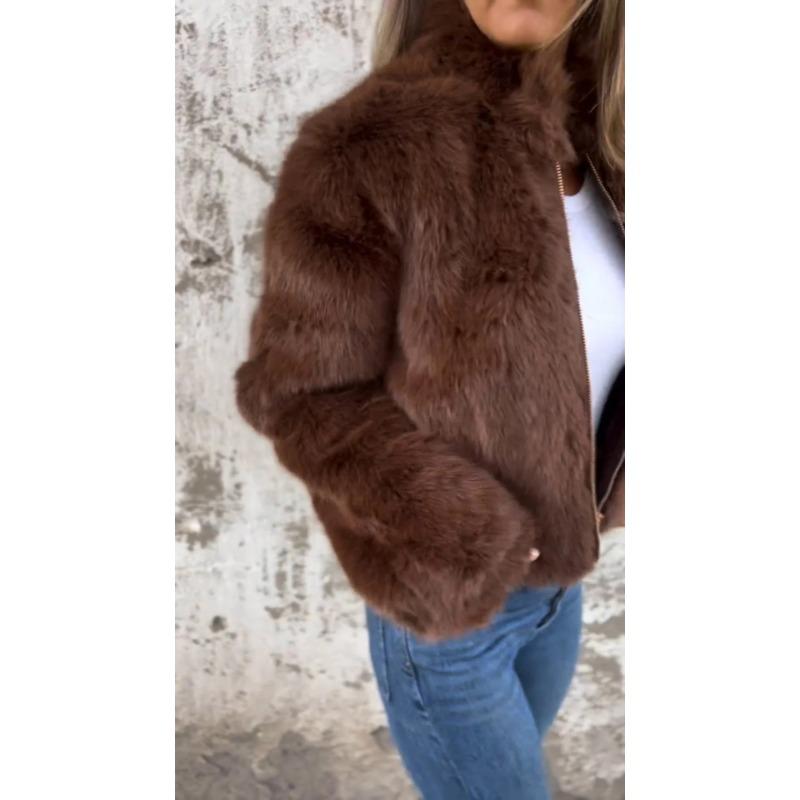 Autumn Winter Women's Coat Imitation Fur High Neck Zipper Fashion Casual Top Coat