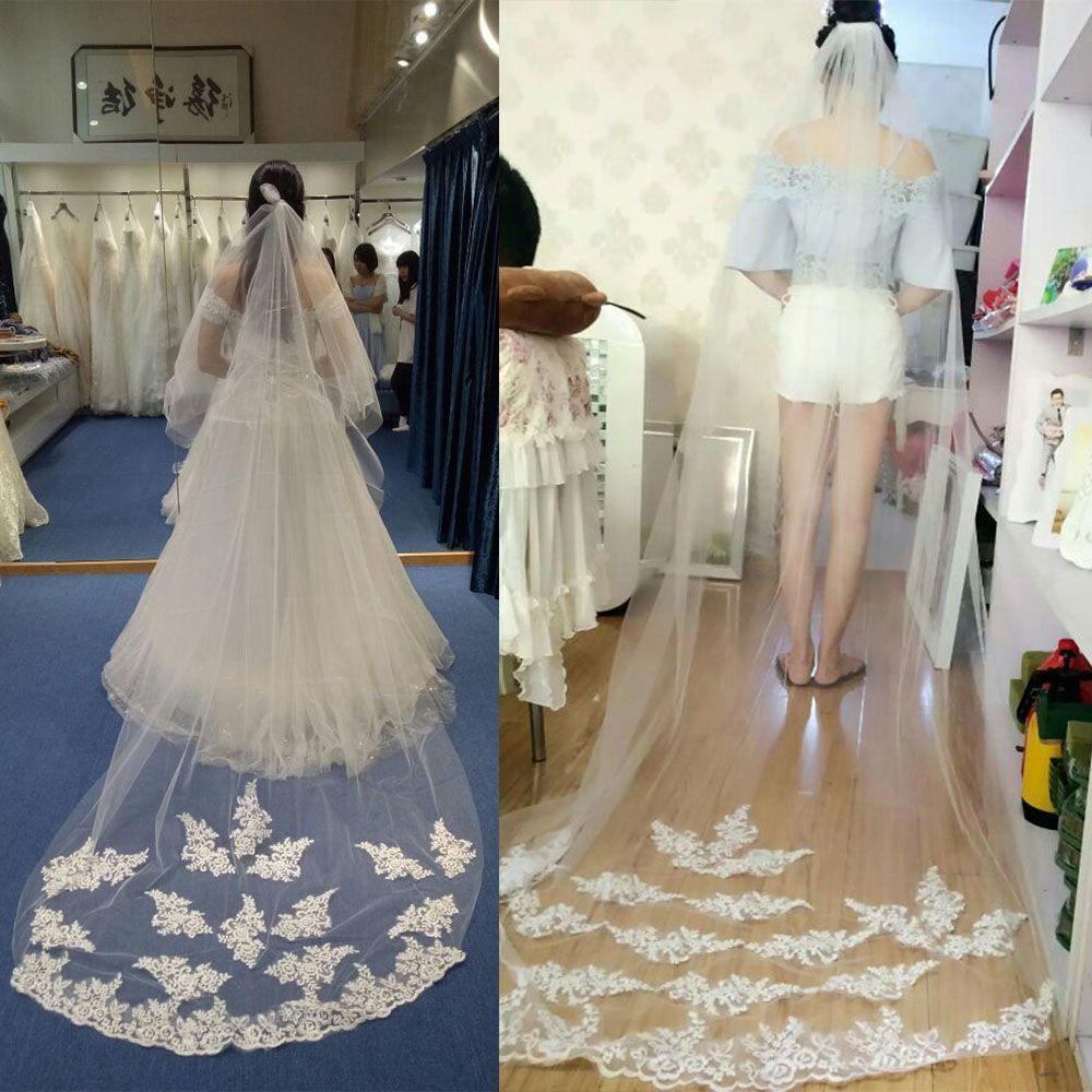Fashion Fingertip White/Ivory Lace Bridal Wedding Veil with Comb Edge Applique Tulle