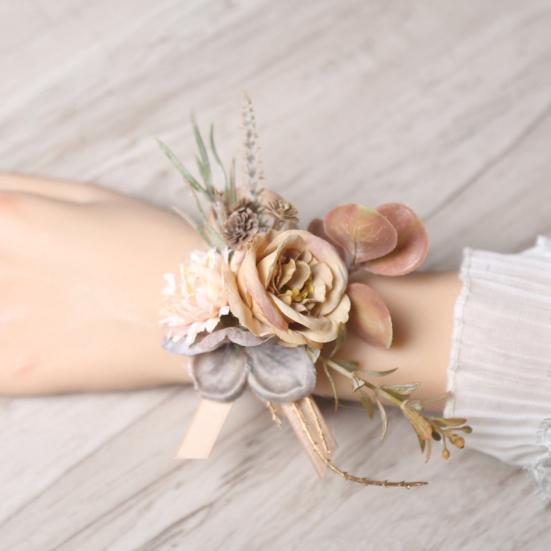Rose Bud Wedding Flower Set, Wrist Corsage for Bride Bridesmaid & Boutonniere for Groom Groomsman, Artificial Silk Floral Party Accessories