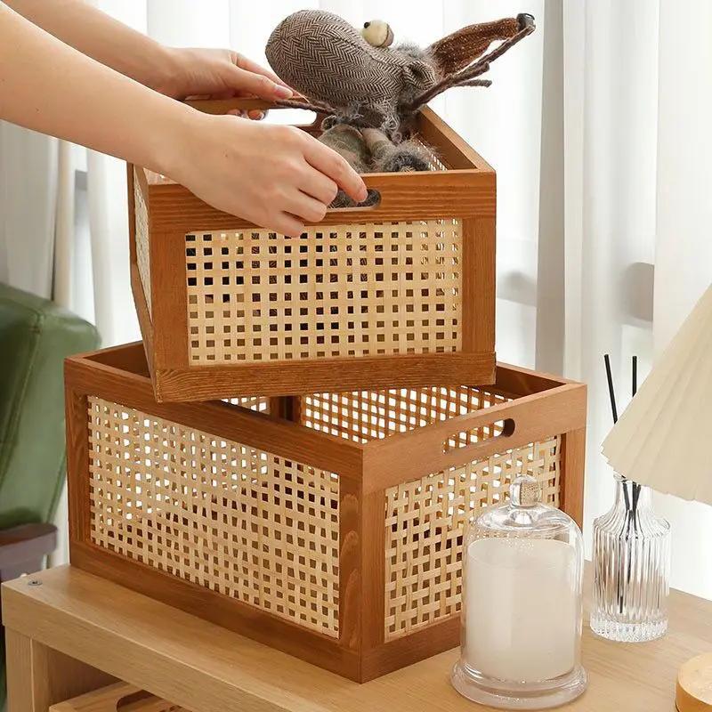 Caja de Almacenamiento Retro de Madera Maciza Cesta de Ratán de Escritorio Libros Aperitivos Fruta Cosméticos Cajas Organizadoras Hogar Baño Cocina Cesta