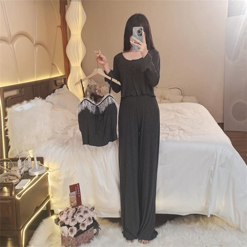 Women's French Modal 3-Piece Pajama Set: Long Sleeve Top with Chest Pad, Spaghetti Strap, Long Pants, and Robe.