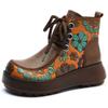 GKTINOO Echtes Leder Damenstiefel Retro Schuhe 2024 Neu Herbst Winter Print Runde Zehe Schnürung Handgefertigt Prägnante Plateau-Stiefel