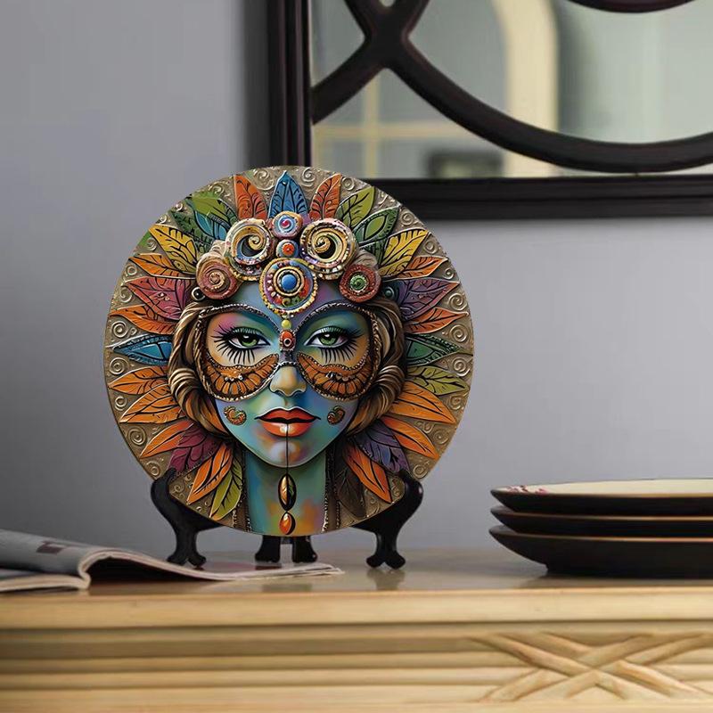 Unique African Mask Circular Aluminum Sign Wall Decor Art Painting Wreath Suitable for Home Caf É Bar Office Party Decoratio