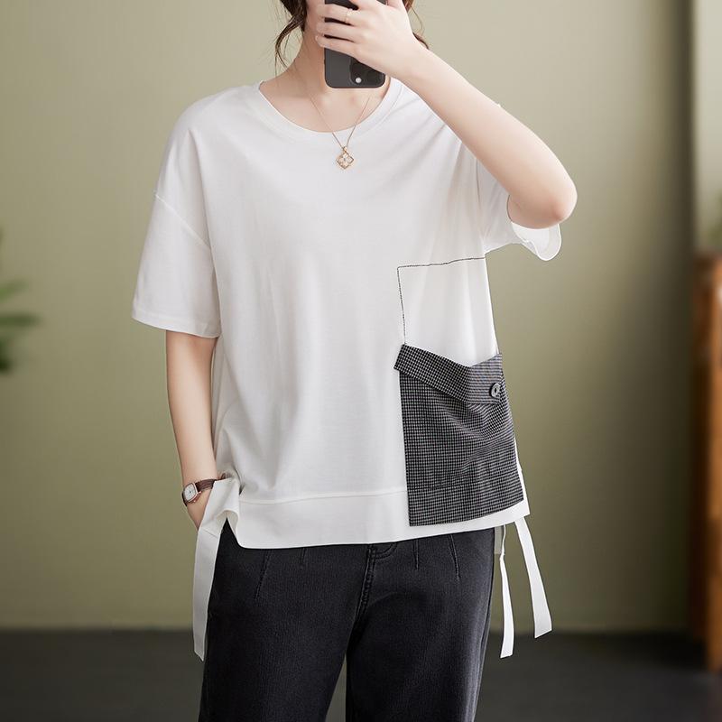 Summer All Cotton Knitted Checkered Patch Large Loose Top Front Short Rear Long T-shirt for Women