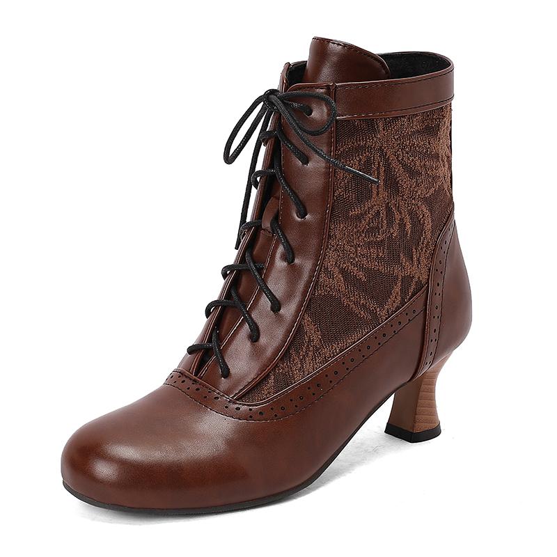 Fashion 2025 Women Victorian Pointed Toe Ankle Boots Leather Lace Hollow Out Punk Lace Up Strange Steampunk High Heel Shoes Size 34-46