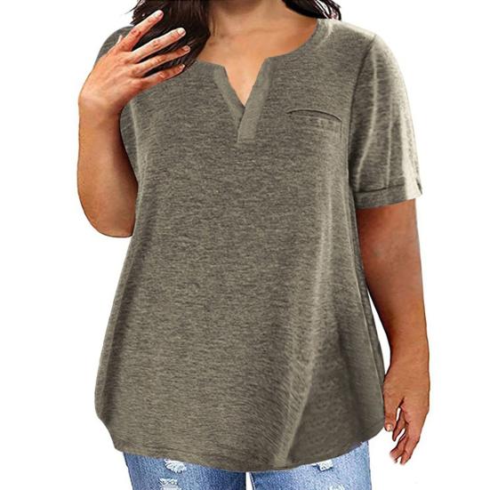 Yousheng Women T-shirt V-Neck Short Sleeve Tops with Chest Pockets Solid Color Casual Loose Fit Tee Shirt Daily Wear
