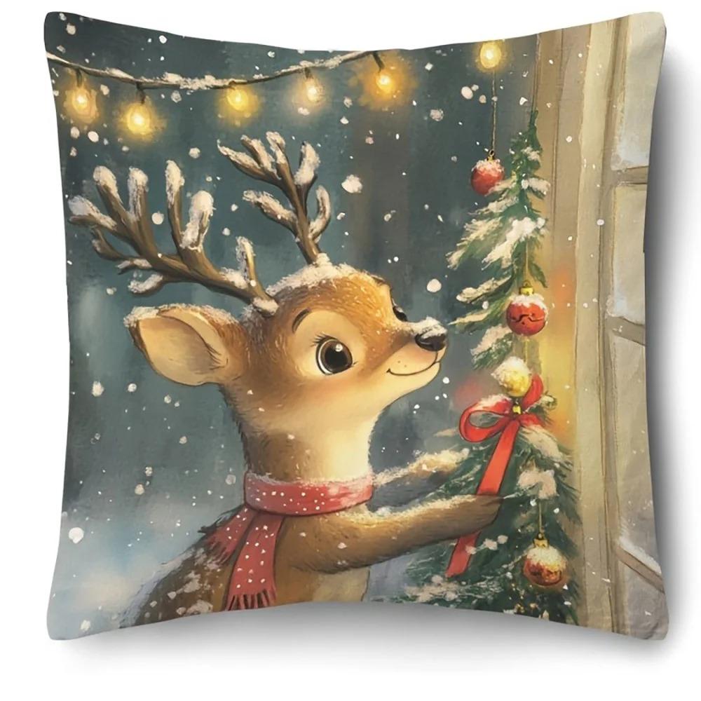 1Pc Christmas Tree And Cute Animals Christmas Printed Pillowcase Sofa Room Cushion Cover Home Decoration New Year Gift
