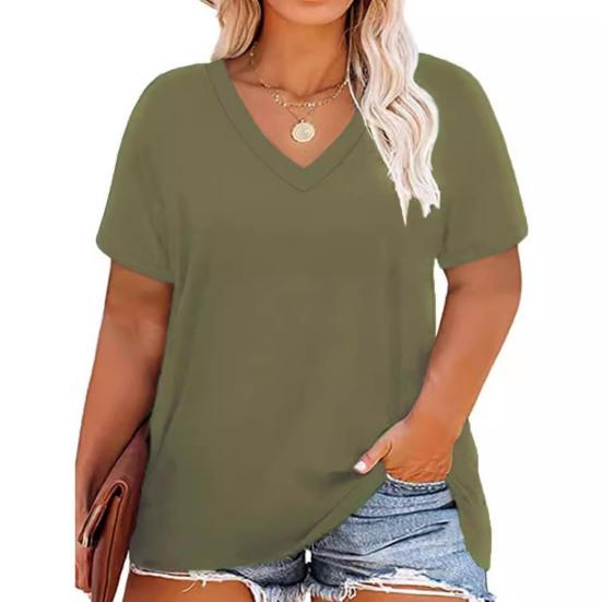 Women T-shirt V-neck Short Sleeve Loose Fit Tee Shirt Solid Color Casual
