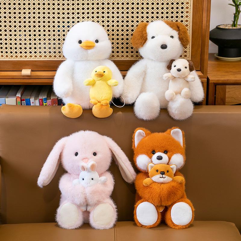 Niedliche Mutter und Sohn Serie Plüschtier Ente, Fuchs, Welpe, Kaninchen Puppe Greifautomat, Puppe Heimdekoration