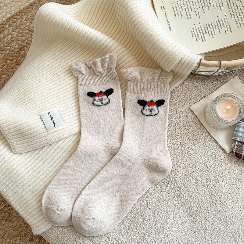 Damen-Wollsocken im koreanischen Stil: Süße Blasen-Spitze, Wadenlang, Niedliches Cartoon-Design, Warm und Vielseitig für Herbst und Winter