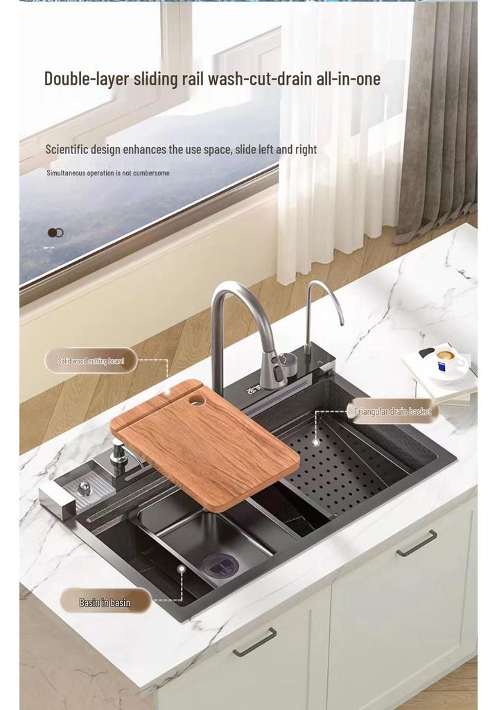 Large Single Bowl Kitchen Sink: 304 Stainless Steel Digital Display with Nano Honeycomb & Waterfall Features