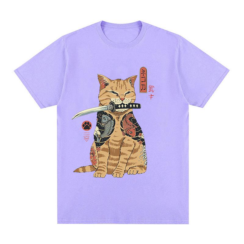 Tricou Amuzant din Bumbac Pisică Samurai Japonez Tricouri pentru Iubitori Tricouri cu Pisici Retro Casual Tricou cu Mânecă Scurtă Unisex Haine Femei