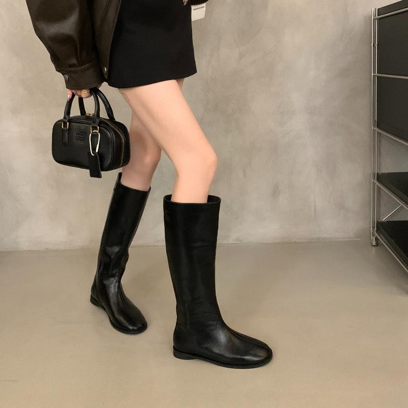 2026 New Spring Autumn Elastic Slimming Woman High Boot Concise Round Toe Shoes Ladies Soft Leather Flats Knight Long Booties