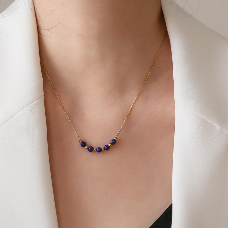 316L Stainless Steel Natural Zircon Garnet Lapis Lazuli Bead Necklace Women's Clavicle Chain Simple Cold Style Small