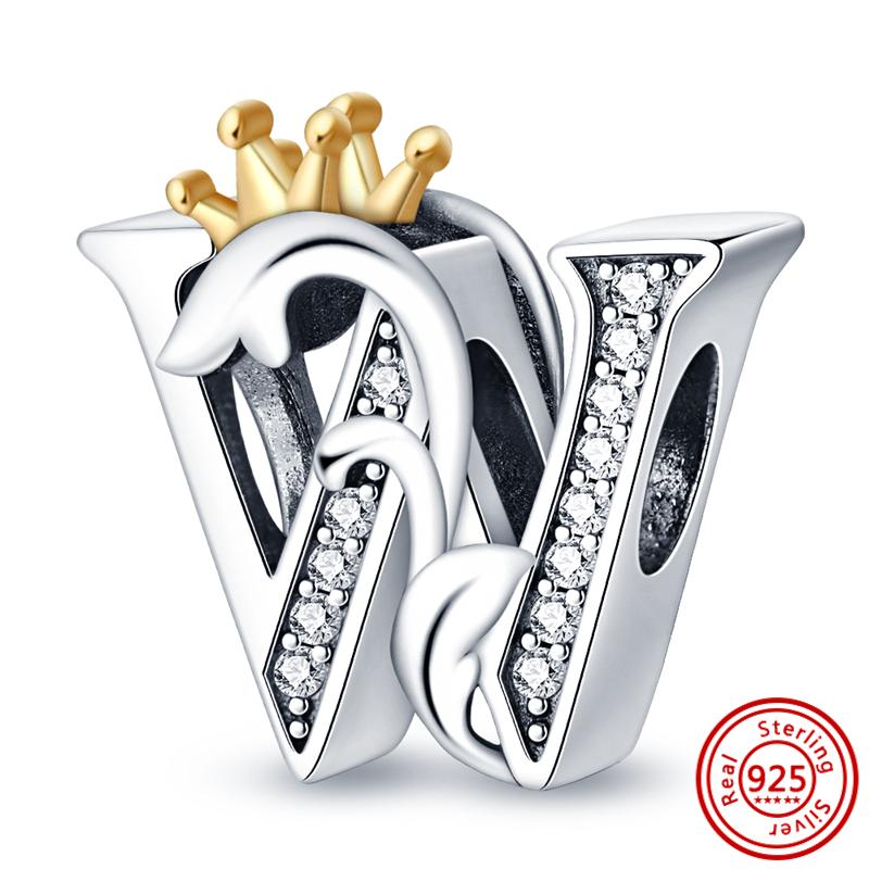 925 Sterling Silver Crown Letter Alphabet A-Z Charm Beads Fit Original  Bracelet Pendant Women DIY Name Fine Jewelry Gift