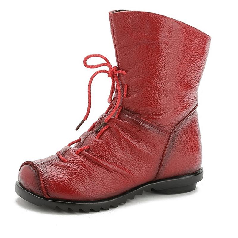 Women Ankle Boots Lace Up Vintage Genuine Leather Shoes Female Plus Size Platform Flat Winter Boot Warm Woman Footwear812