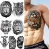 Dočasné tetovanie čierneho leva pre mužov Chlapci Realistické Tiger Wolf Lebka Kompas Chobotnica Falošné tetovanie Nálepka na hrudi Tetovanie na paži 3D