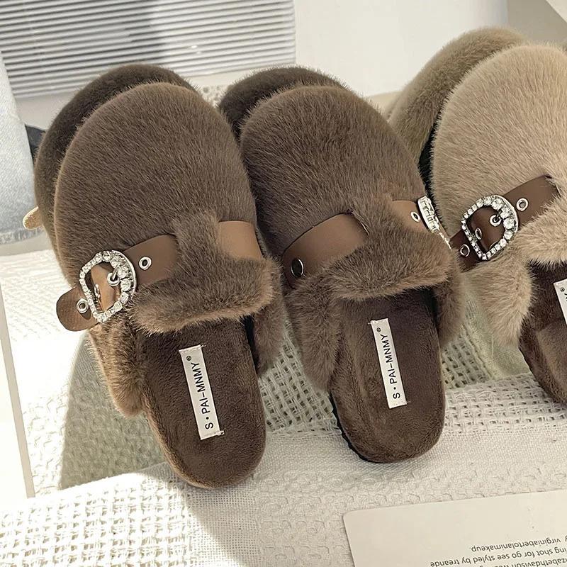 Fashion New 2024 Winter Warm Plush Slippers for Women Closed Toe Faux Fur Cotton Shoes Woman Fashion Buckle Lightweight Flat Mules Shoes