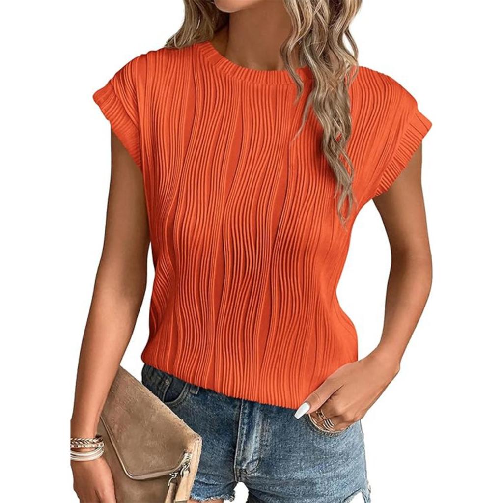 New Women's Solid Textured Crew Neck Loose Short Sleeve T-shirt Top, Casual Casual Top for European American, For Amazon Independent Station