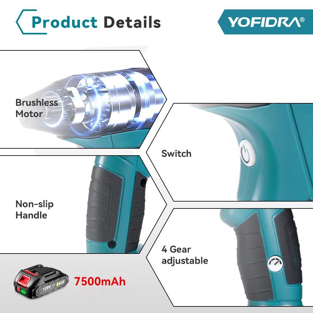 Yofidra Brushless Electric Turbo Blower Jet Fan 4 Gears Violent Car Dryer Handheld Dust Air Gun Blowing for 21V 18V Battery