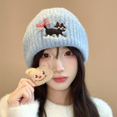 Wolle Niedliche Kätzchen Bestickte Strickmütze für Damen Herbst und Winter Neu Japanischer Stil Warm und Vielseitig Kleine Überziehmütze mit Gesicht