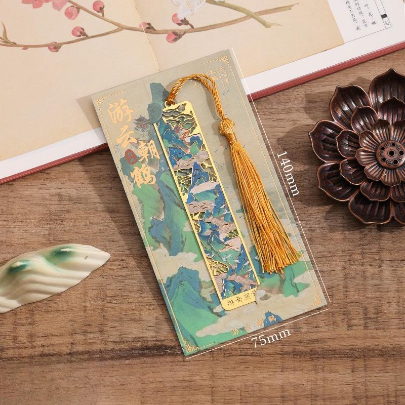 Retro Chinese Landscape Brass Bookmark Hollow-out Mountains Scene Boor Tak with Silk Tassel Antique Gift for Book Lovers