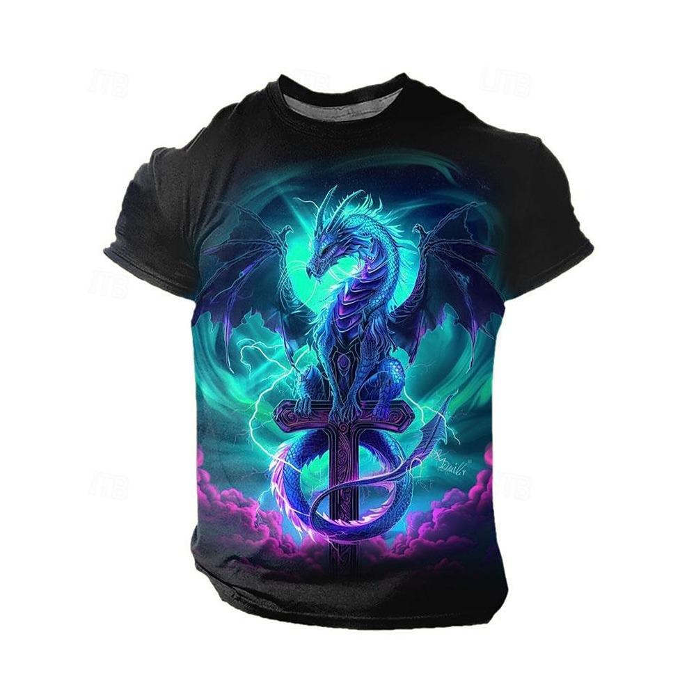 Ανδρικά T-Shirts 3D Σχέδιο Δράκου Κοντομάνικα Καθημερινά Μπλουζάκια με Στρογγυλή Λαιμόκοψη Πουλόβερ Street Outdoor Τοπ Μπλουζάκι Αθλητικό Εξωτερικού Χώρου Υπερμεγέθη Ρούχα