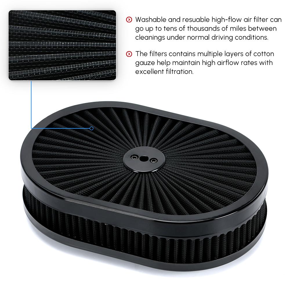 12"x2" Oval Air Cleaner Filter Assembly 5-1/8" Carb Neck W/ Flow-Thru Lid High Flow Chrome for GMC Chevy Ford Chryler Dodge
