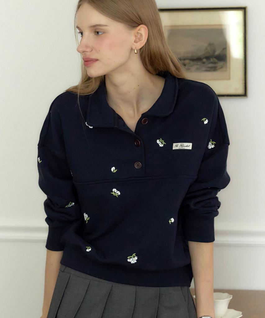 OURHOPE Margaret Embroidery Button-Down Sweatshirt - Navy